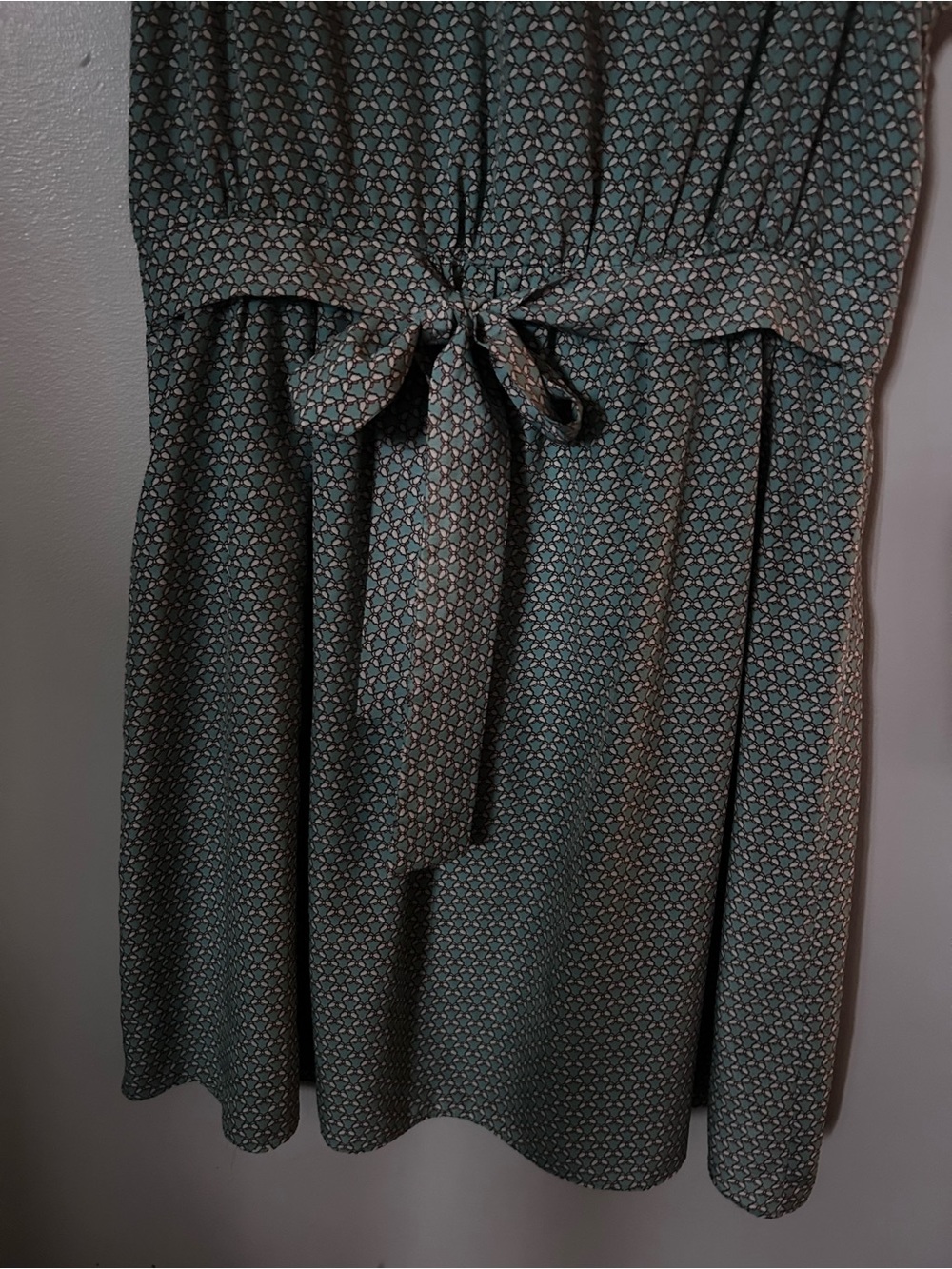 Esley Teal and Cream Sleeveless Printed Dress with Tie Waist